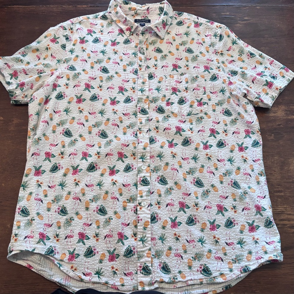 Club Room Pink and Green Casual Button Down Shirt Tropical‎ Print